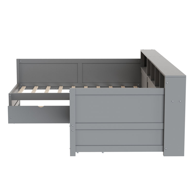 Lit de jour simple en L pour 2 avec rangement et bibliothèque - Conception d'angle peu encombrante, Gris