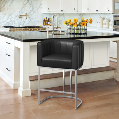 26.4" H Counter Height Bar Stools, Modern Barrel Counter Stools With Backrest And Arms,   Metal Legs, Upholstered Accent Barstools For Kitchen Island by Ivy Bronx