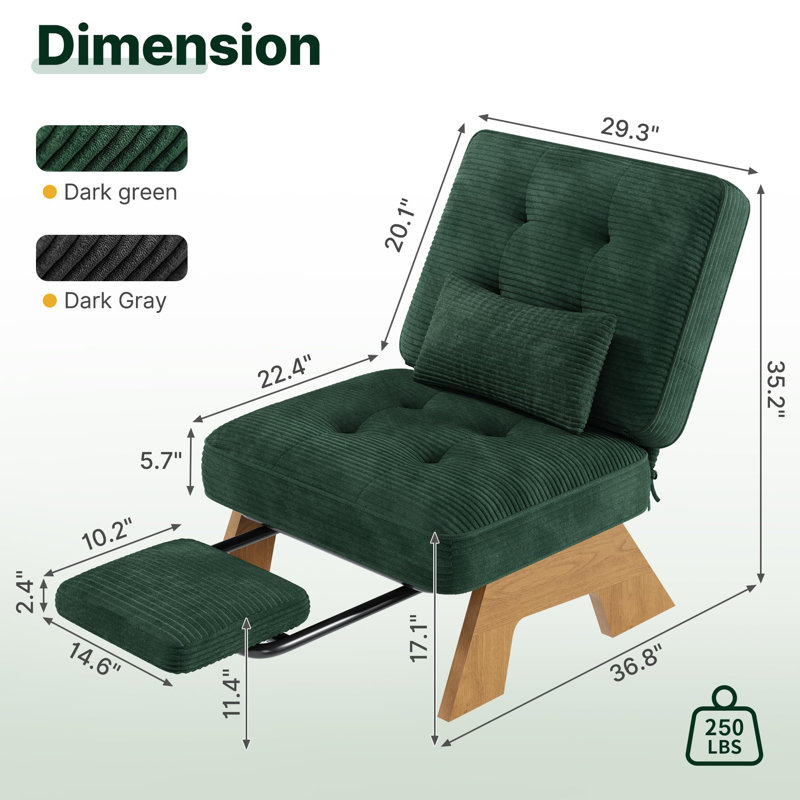 Fauteuil d'appoint en velours côtelé avec repose-pieds en velours côtelé | Dossier réglable à 3 positions, coussin lombaire et siège rembourré confortable