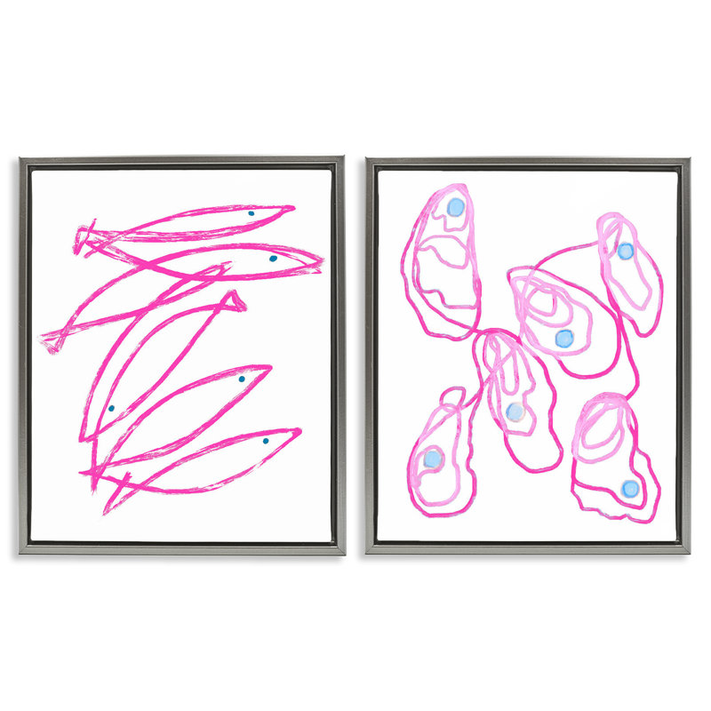Minimal Pink Fish & Oysters 2pc Floating Frame Set, design by Lil' Rue, 21" H x 17" W, Luster Gray Floater Frame
