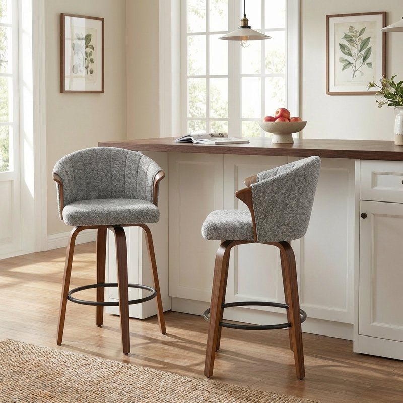 Tabouret de comptoir pivotant rembourré avec structure en bois Devault, Gris