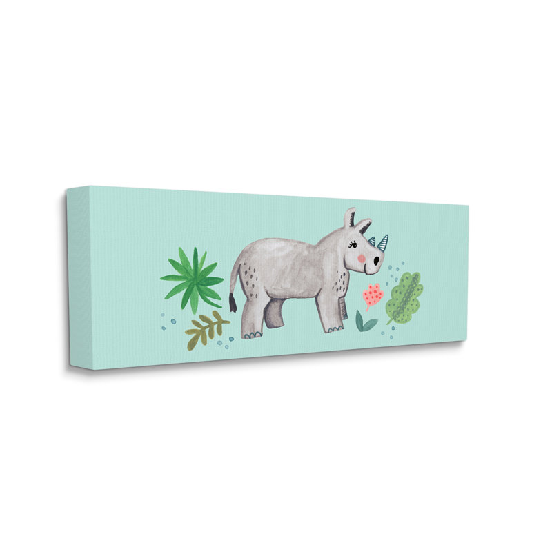 «Rhino Plants Leaves Turquoise» par Heather Strianese - peinture, H 10 po x l 24 po, Toile tendue