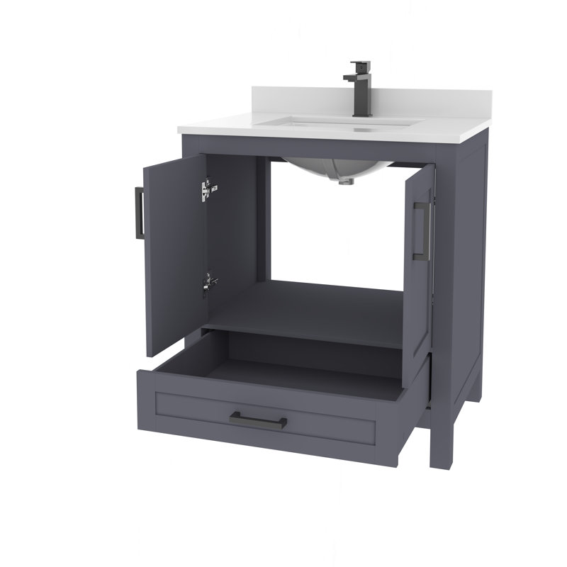 Meuble-lavabo simple 30 po avec plateau en quartz blanc Rooh, Gris, Noir mat
