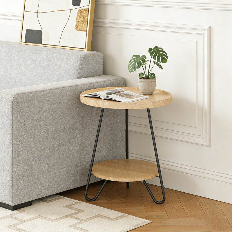 Table d'appoint à deux niveaux avec pieds en métal, Chêne