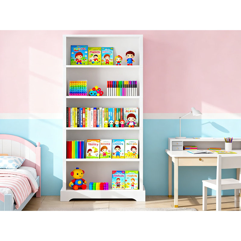 Bibliothèque à 5 niveaux en bois avec rangement, bibliothèque sur pied de style campagnard avec base arquée, organisateur de présentation spacieux pour le salon, le bureau et le bureau