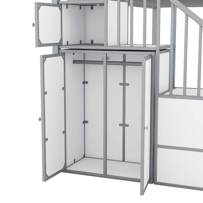 Lit superposé en métal en forme de château avec garde-robe et rangement multiple, Blanc / gris