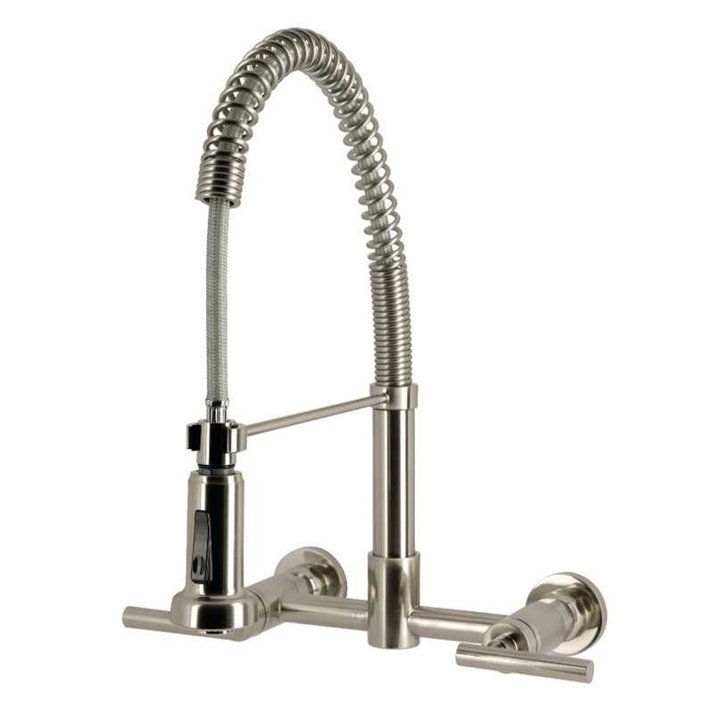 Kingston Brass Manhattan Double-Handle 2-Hole Wall-Mount Pre-Rinse Bridge Kitchen Faucet, Brushed Nickel