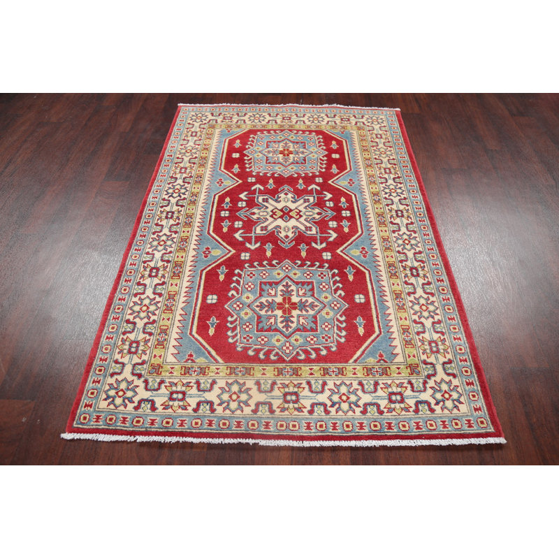 Tapis unique en laine noué à la main Kazak de 3 pi 10 po x 5 pi 8 po rouge Niva