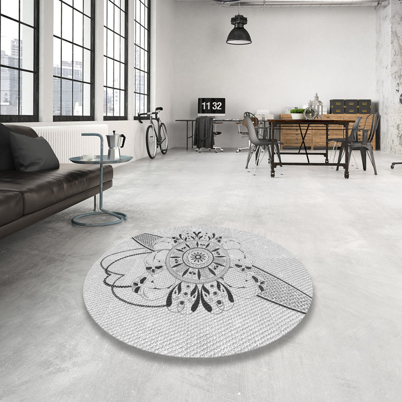 Tapis blanc/noir à motifs, Rond 5 pi