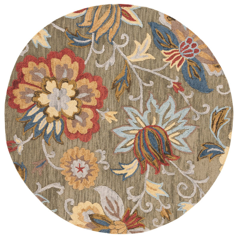 Tapis floral en coton touffeté à la main Blossom - rouge / vert, Rond 6 pi