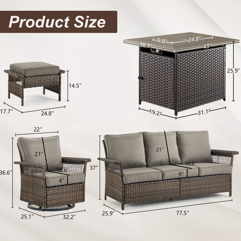 Anferney 6-Pieces Outdoor Wicker Patio Conversation Set with Fire Pit Table and Ottomans, Gray