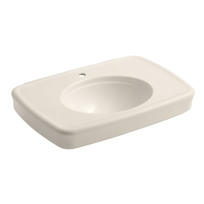 Lavabo de salle de bain piédestal en céramique avec trop-plein 31 po Bancroft, Biscuit, Robinets à monotrou