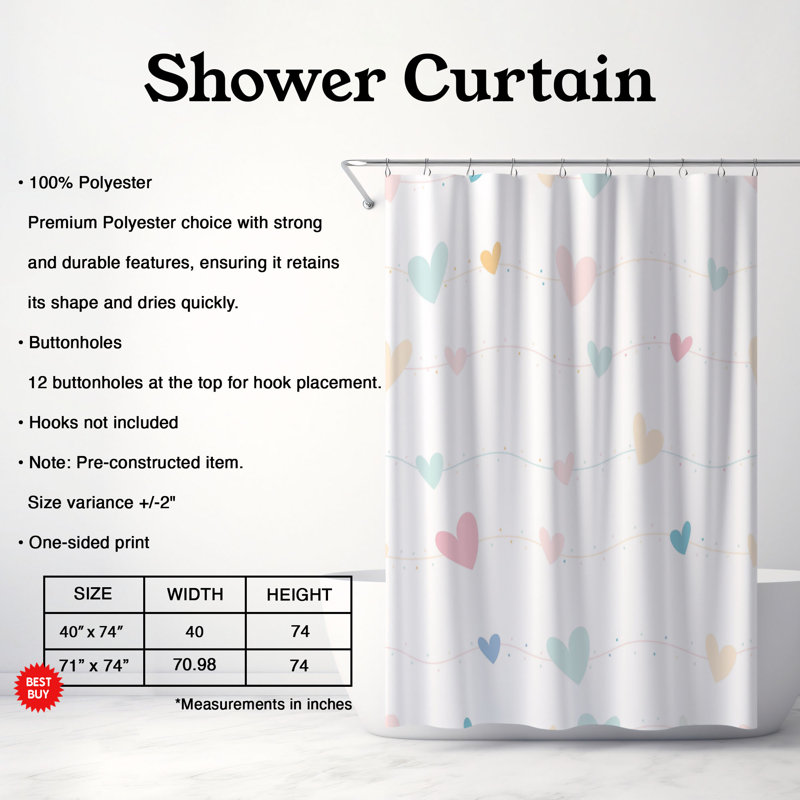 Rideau de douche standard 1 pièce Minimal Heart Design, H 74 po x l 71 po