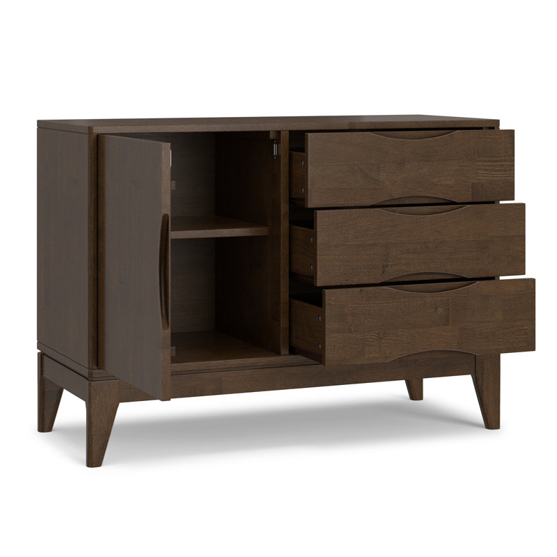 Buffet en bois massif Mid-Century moderne à 3 tiroirs avec poignées crantées Harper