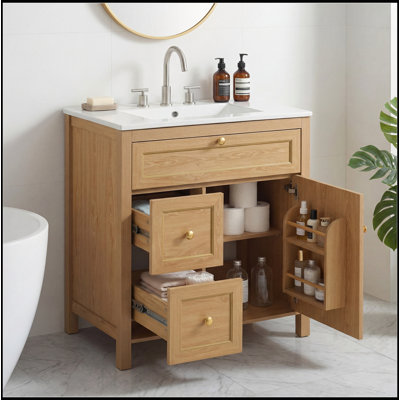 30 Inch Bathroom Vanity with Integrated Sink, Flip-Out Drawer, Soft-Close Drawers and Door, Elegant Gold Handles