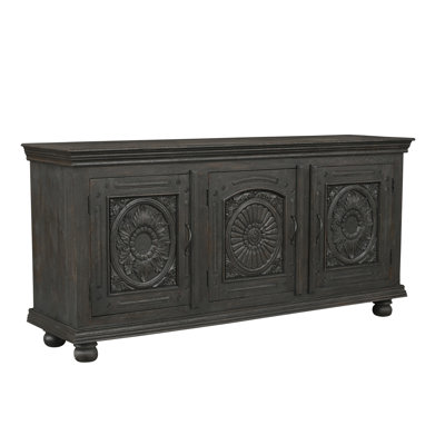 Hand-Carved Solid Mango Wood Sideboard with Floral Doors