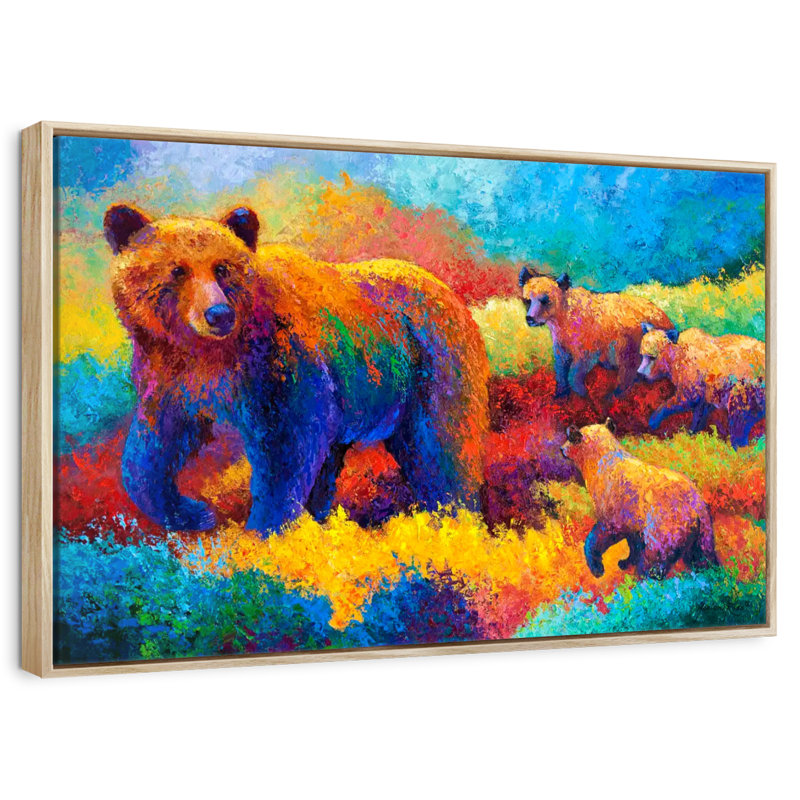 Famille Grizz, 19 po x 13 po, Cadre flottant en bois naturel