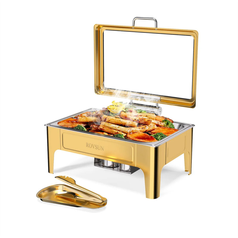 9 QT Rectangular Chafing Dishes With Glass Lid & Serving Tong, Gold