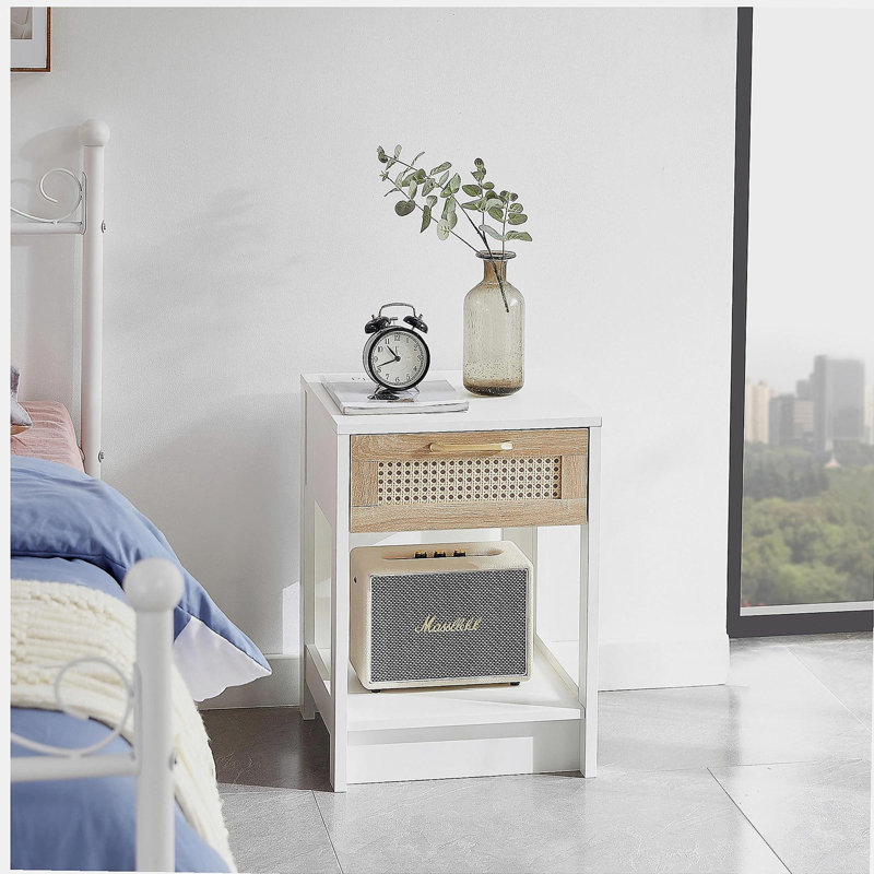 Table d'appoint 15,75 po en osier avec tiroirs, table de chevet moderne, salon, table d'appoint de chambre à coucher, blanc