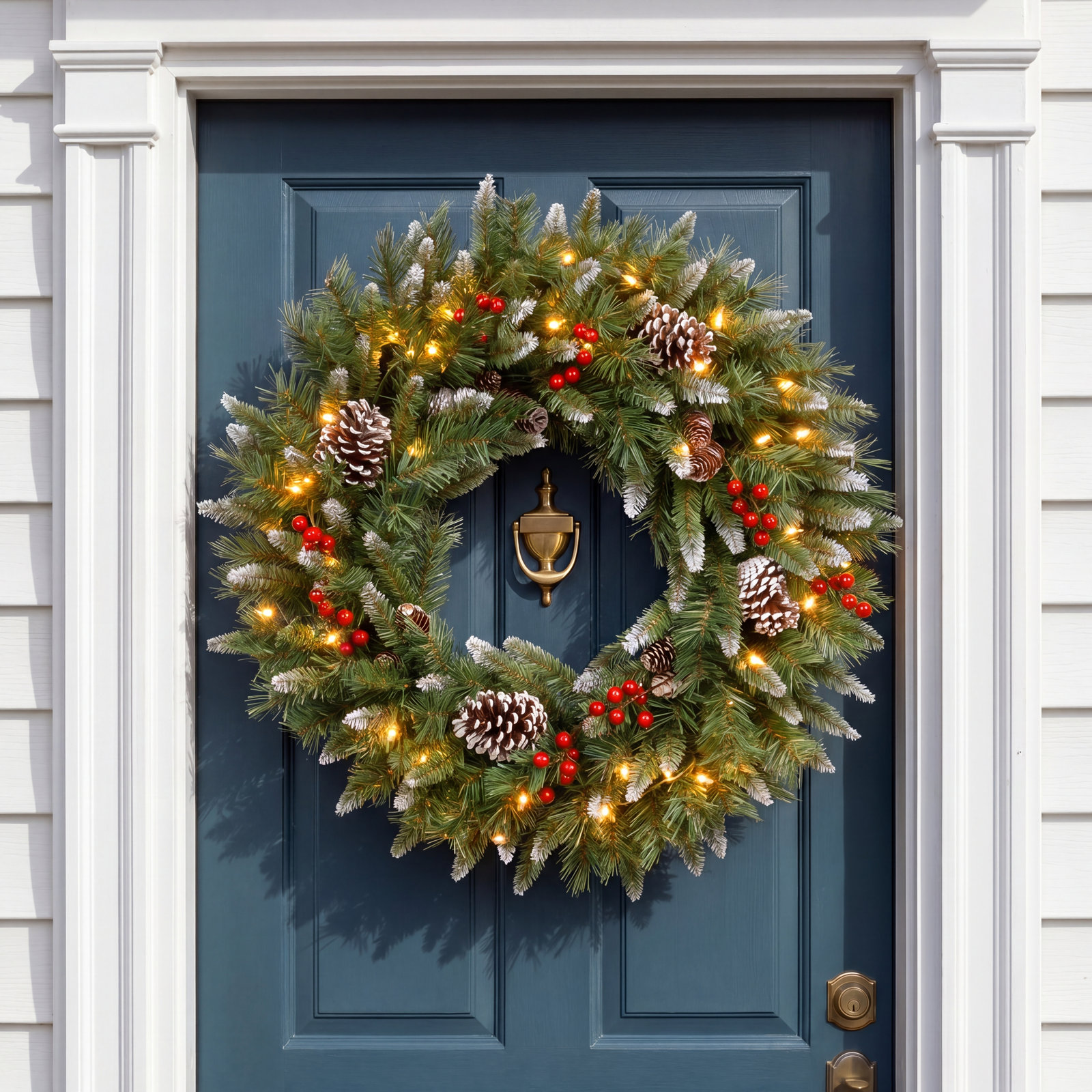The Holiday Aisle® Frosted Berry Wreath with Clear Lights, 24" H x 24" W x 6" D