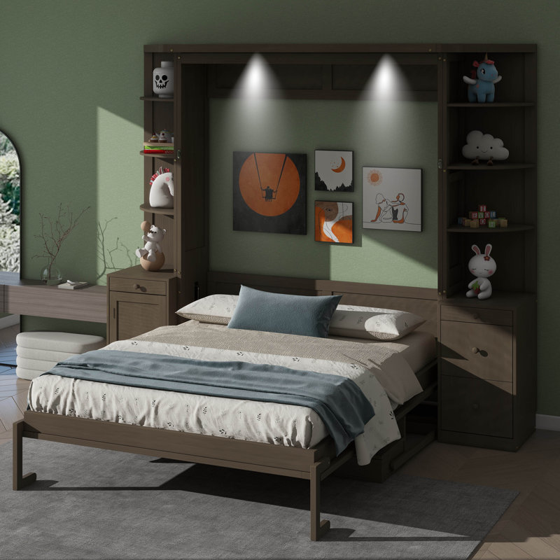Grand lit escamotable avec bureau intégré, tablettes de rangement et armoires, Gris