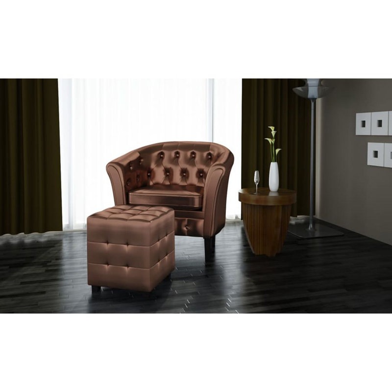 Plumlee Faux Leather Barrel Chair with Ottoman, Brown Faux Leather
