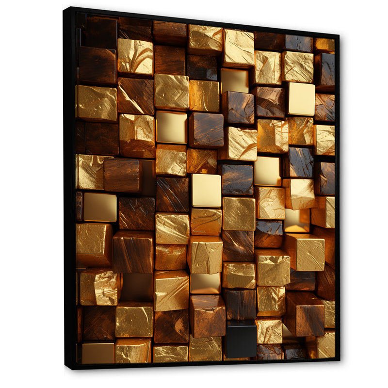 Or abstrait cubes II - art mural géométrique, H 40 po x l 30 po x P 1,5 po, Cadre flottant noir