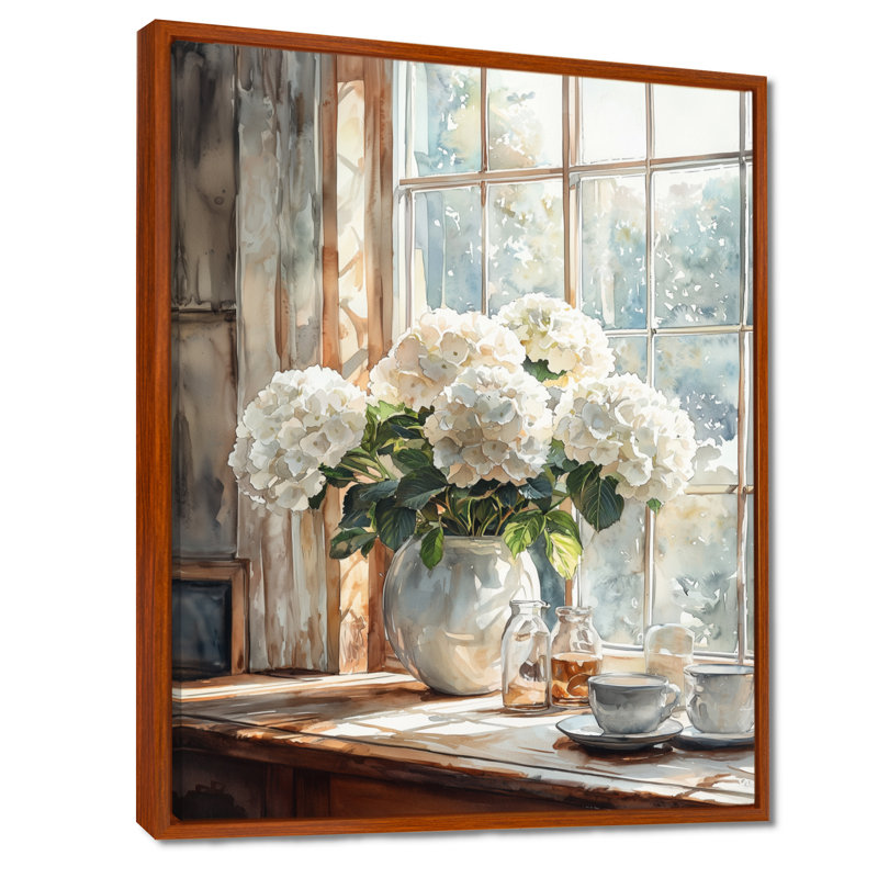 Engle hortensias dans le coin-repas II - hydrangées, art mural, Brun, Reproduction avec cadre flottant, H 20 po x l 12 po