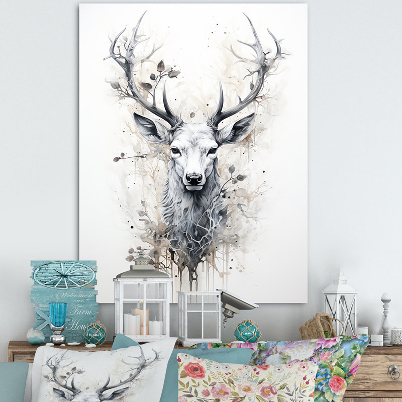 Portrait de cerf noir et blanc sur toile, Toile tendue, H 20 po x l 12 po x P 1 po