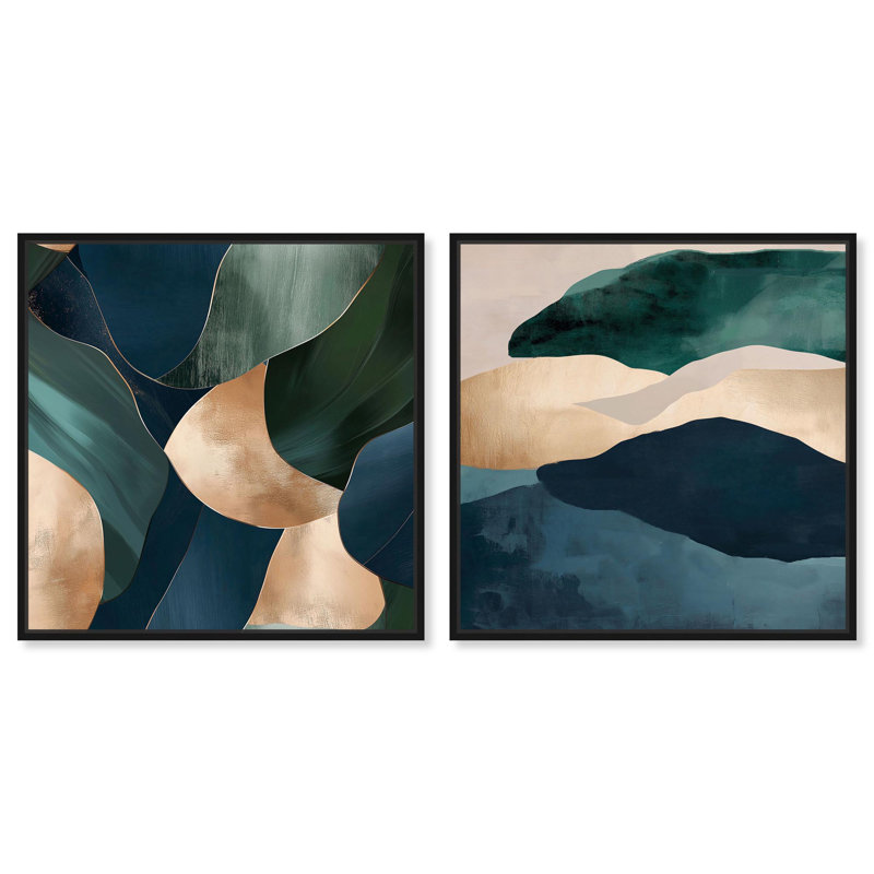 Navy Emerald Set Canvas Set of 2 Blue Green Abstract by , H 12 po x l 12 po, Cadre flottant noir