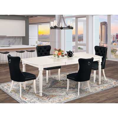 511645BDE07547FDBBD1C67CDA29C6A0 Ensemble de salle à manger 5 pièces comprenant une table rectangulaire en bois avec rallonge amovible et 4 chaises rembourrées, lin blanc