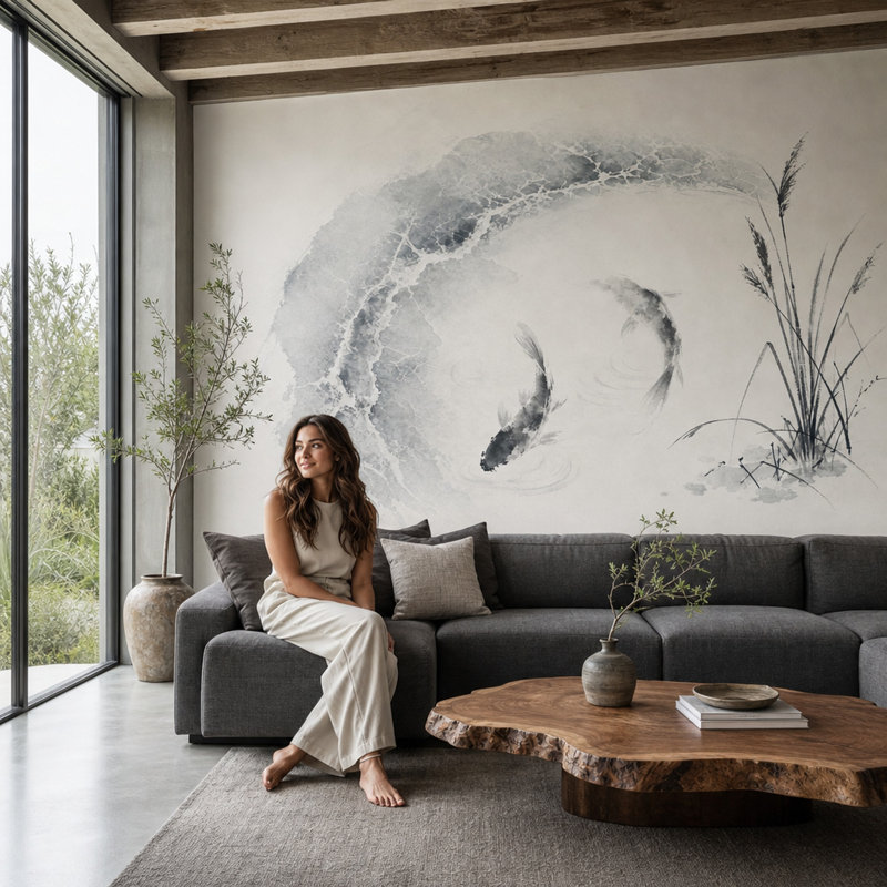 Adhésif mural Koi Fish, 140"x108", Peler et coller