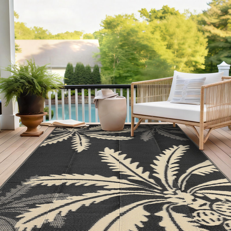 Tapis d'extérieur imperméable Garvee 5 x 8 pour patio, tapis moderne réversible, grand tapis de paille en plastique pour camping, véhicule récréatif, porche, jardin, terrasse, pique-nique, plage, noir et brun