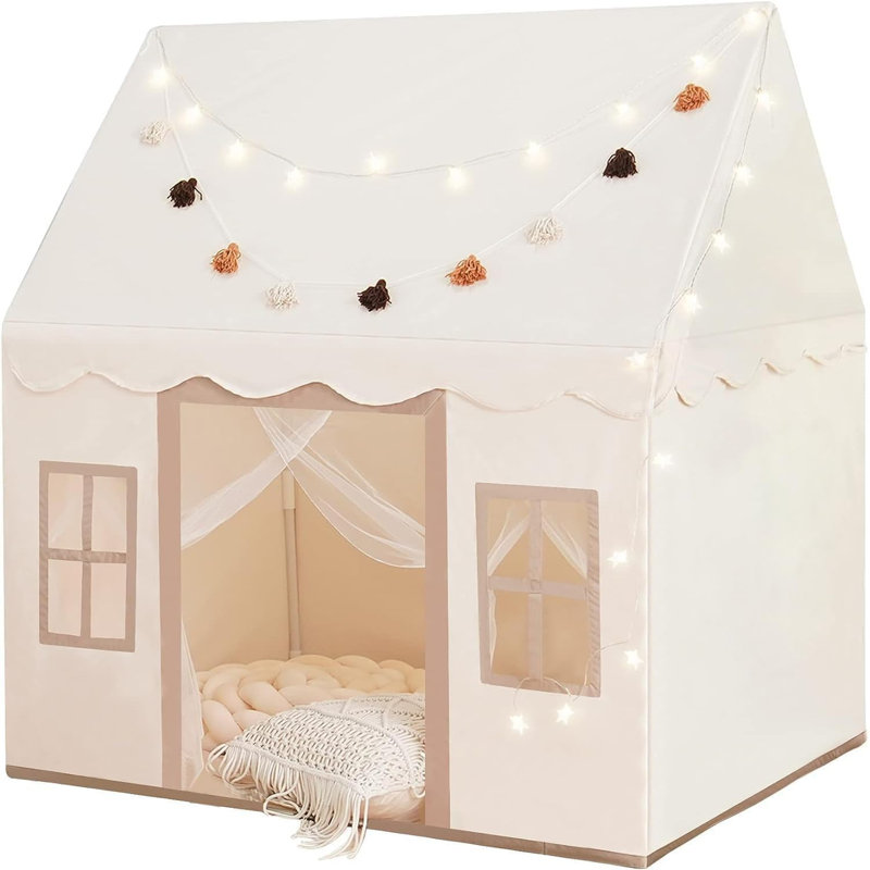 Kids Play Tent with Mat and Star Lights, Indoor/Outdoor Playhouse with Windows, 52" x 35" x 52" for Ages 3+, Beige