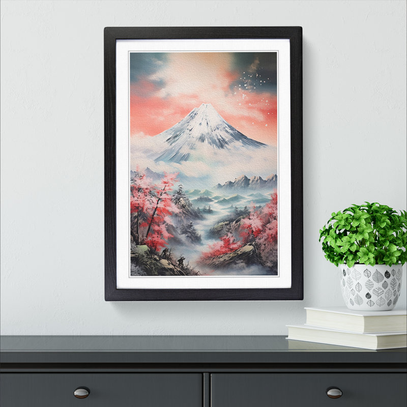 Japanese Mountains Action Painting - Framed Print, 46cm H x 34cm W x 2cm D, Black Framed