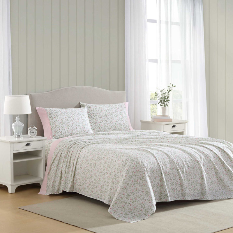 Laura Ashley Harperette Cotton Printed Hem Full Sheet Set, Twin Sheet Set + 1 Fitted Sheet + 1 Pillowcase, Pink/Green Floral