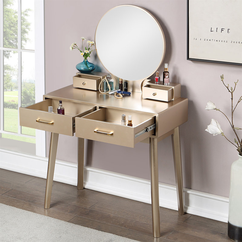 Wood Vanity and Stool Set, Gold