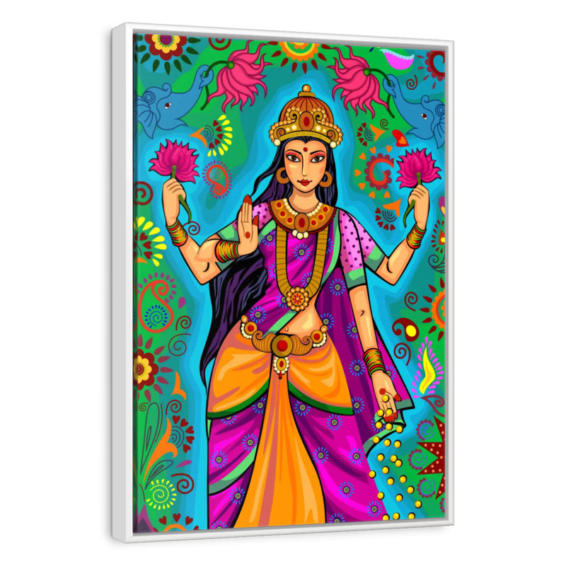 Déesse indienne Lakshmi, 17" x 25", Cadre flottant blanc