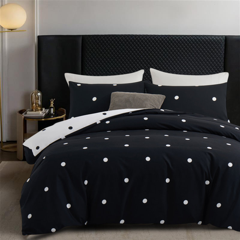 Ultra Soft Microfiber Dual Pattern Reversible Duvet Cover With Matching Pillow Covers, Black/White Doted