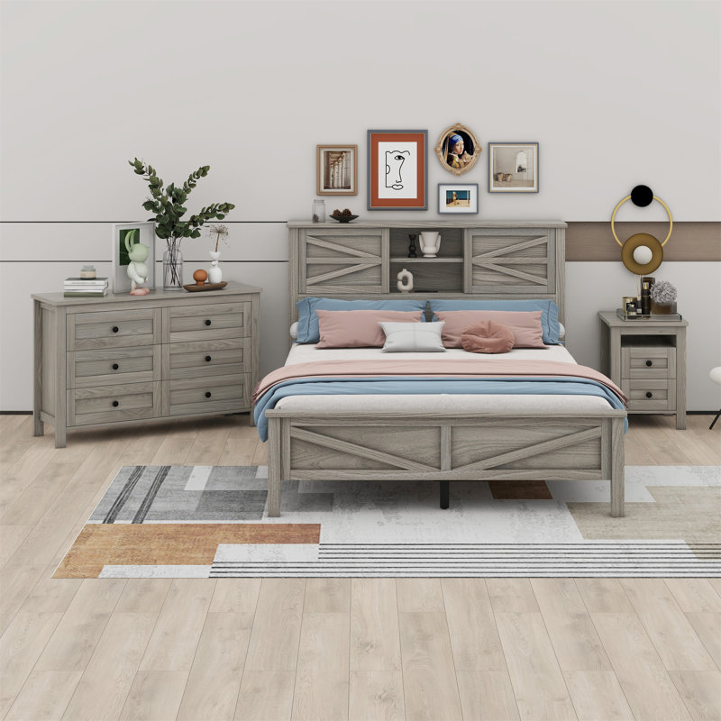 Ensemble de chambre à coucher 3 pièces avec lit plateforme Farmhouse, Gris antique