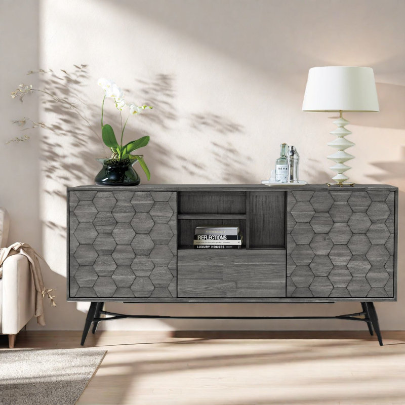 Buffet spacieux en bois d'acacia gris et design multifonctionnel moderne