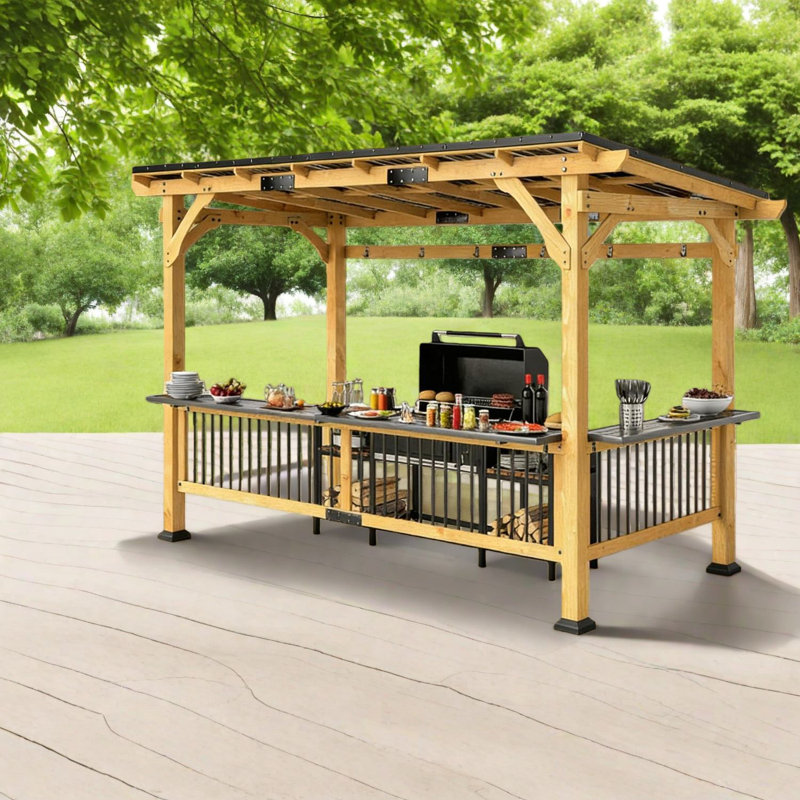 Pavillon de jardin spacieux en métal et bois avec rangement pour les repas en famille
