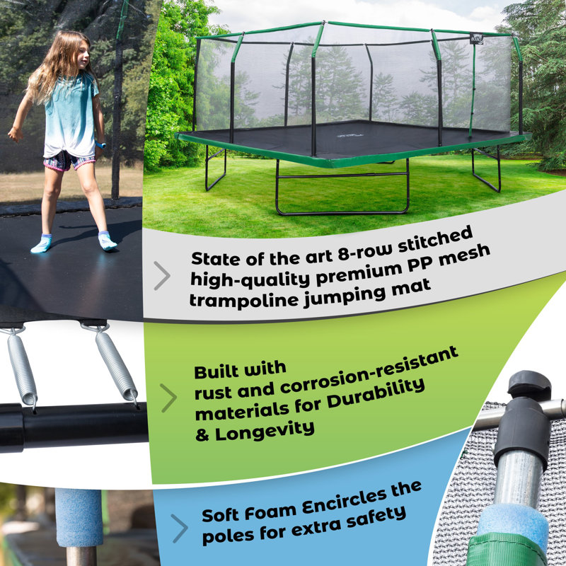 Machrus Upper Bounce 16 x 16 FT Square Trampoline Set with Premium Top-Ring Enclosure and Safety Pad, Black/Green