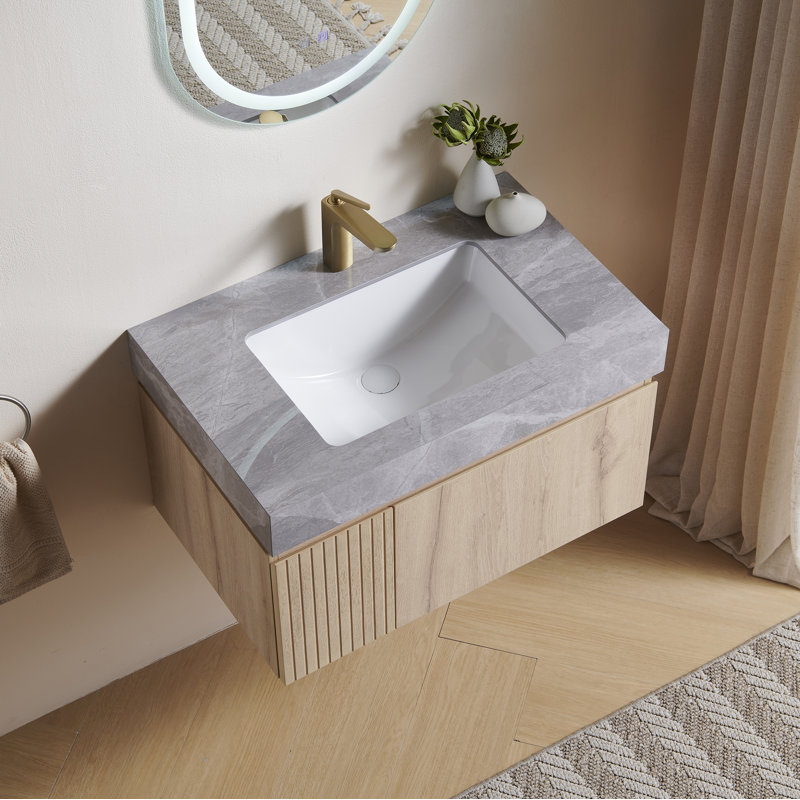 Meuble-lavabo simple en contreplaqué et en bois massif, Chêne blanc, 30", Gris clair