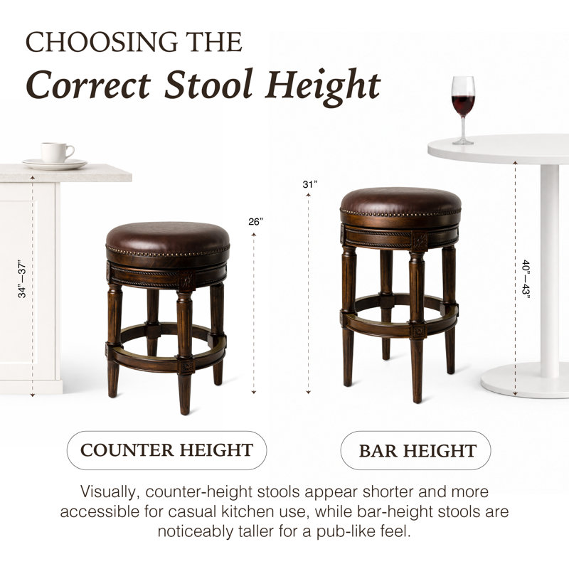 Maven Lane Pullman Backless Swivel Kitchen Stool with Upholstery Seat, Dark Walnut/Faux Leather, Bar Stool (31" Seat Height)