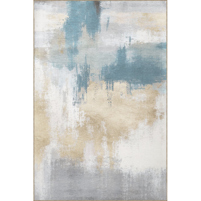 Tapis décoratif moderne à motif abstrait bleu et beige, Rectangle 2 pi 7 po x 4 pi 11 po