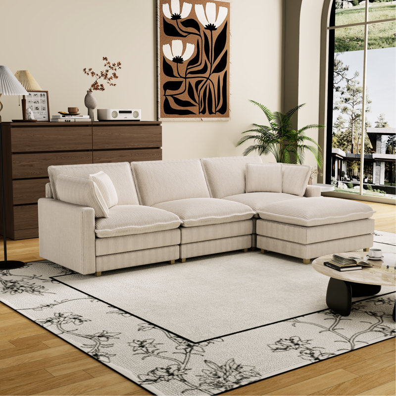 Canapé modulaire beige avec assise en forme de L, siège modulaire beige avec assise profonde et 4 coussins