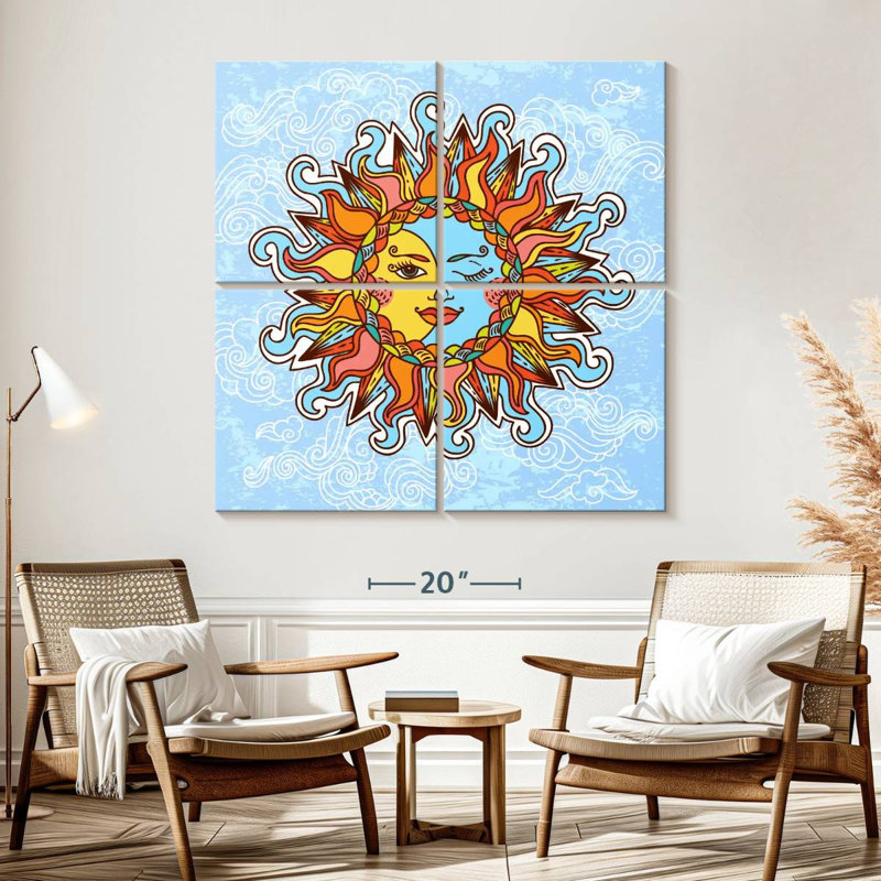 Caricature de soleil boho et de lune, H 57 po x l 57 po
