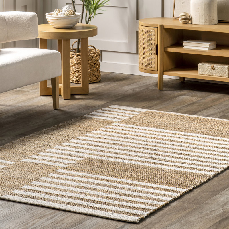 Natural Tan and White Striped Cotton Jute Rug, 4' x 6'