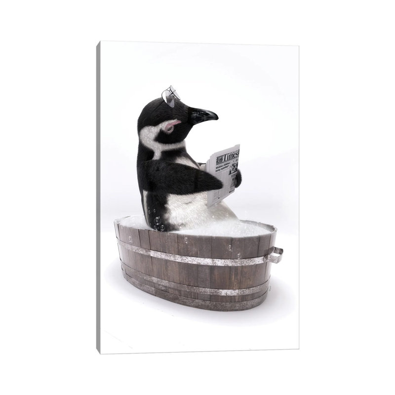 Penguin In A Wooden Bathtub by Jauffrey Philippe - Gallery-Wrapped Canvas Giclée on Canvas, 20.32 cm H x 30.48 cm W, No Frame